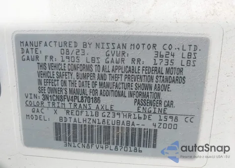 2023 Nissan Versa Sr z USA, uszkodzony, nr VIN 3N1CN8FV4PL870186